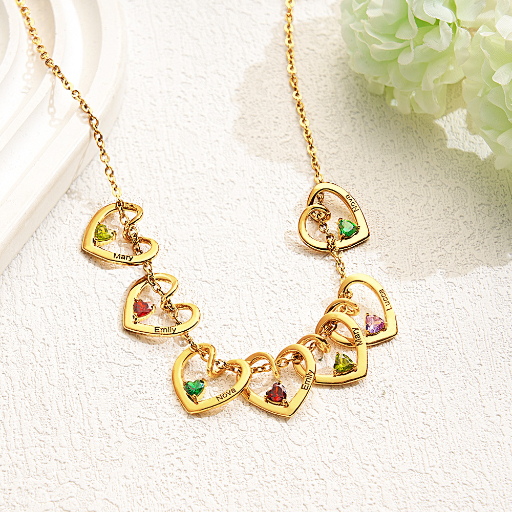 Collar Personalizado Con Nombre Y Piedra De Nacimiento En Forma De Corazón Para Mamá Y Abuela - mymoonlampes