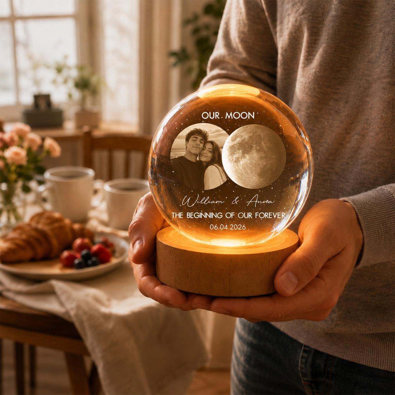 Esfera De Cristal Con Foto Personalizada Y Forma De Luna, Regalo Para Enamorados - Luz Nocturna LED Romántica Para La Decoración Del Dormitorio - mymoonlampes