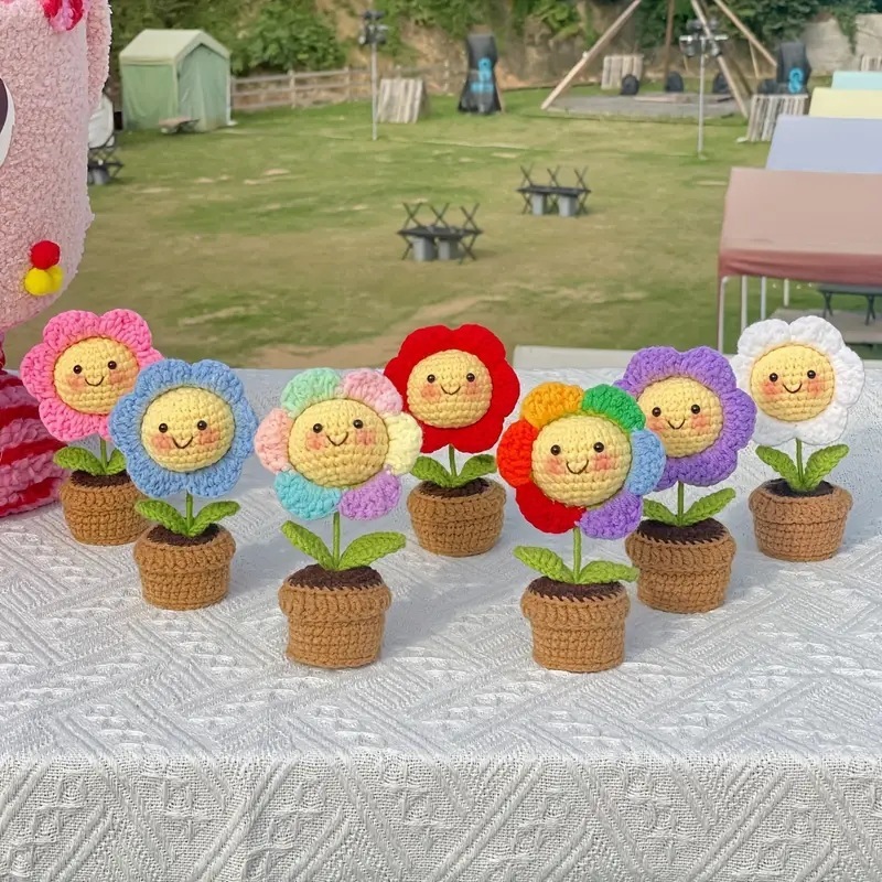 Mini Maceta De Flores Sonrientes Tejidas A Crochet, Decoración De Escritorio Con Colores Pastel Arcoíris - mymoonlampes