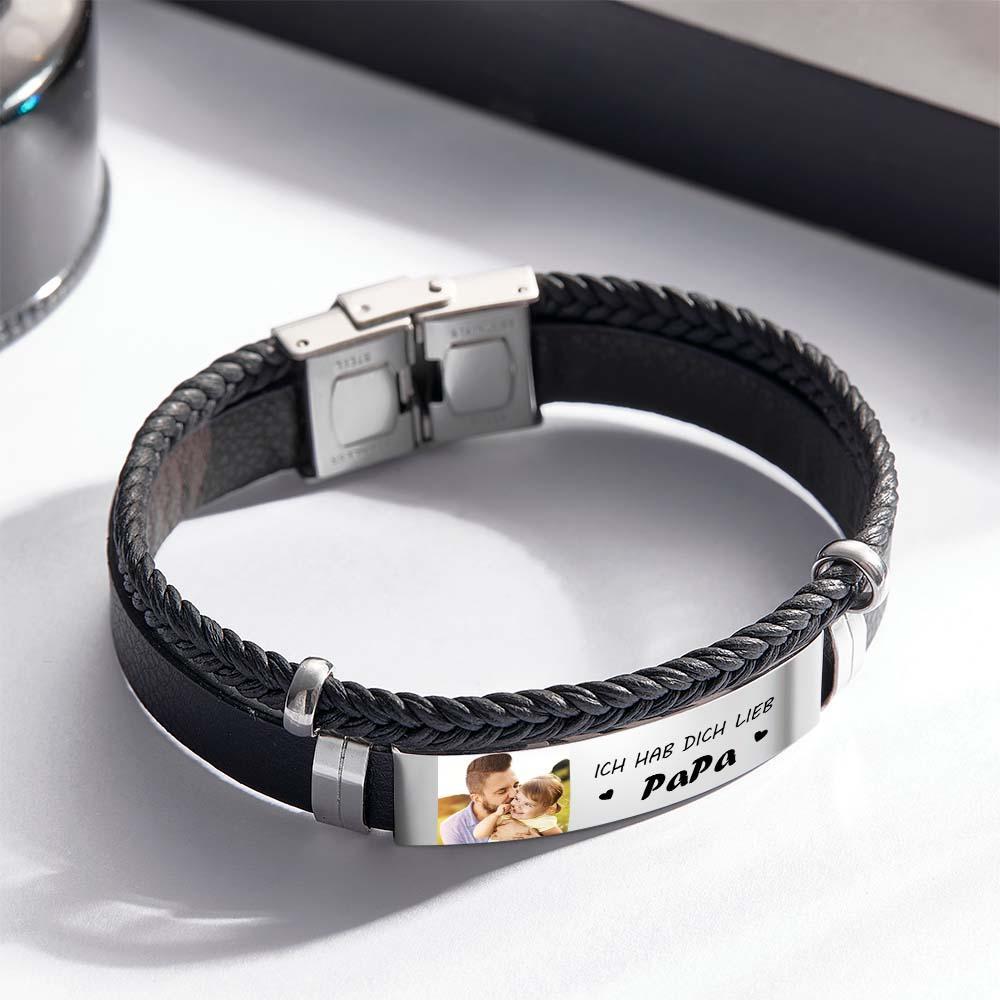Pulsera De Cuero Con Foto Personalizada Y Brazalete Trenzado Con Texto Regalos Para El Día Del Padre - milamparaluna