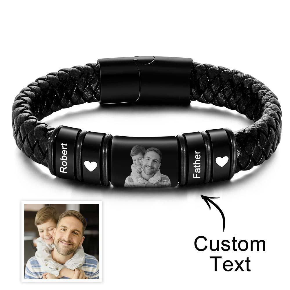 Pulsera Personalizada Con Foto Grabada, Pulsera De Cuero Personalizada Para Hombre, Regalo Del Día Del Padre Para Papá - milamparaluna