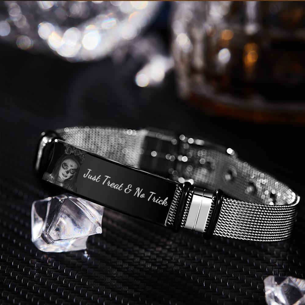 Pulsera Con Foto Personalizada, Pulsera Grabada De Acero Inoxidable Para Hombre, Regalo Para Regalos De Halloween - milamparaluna