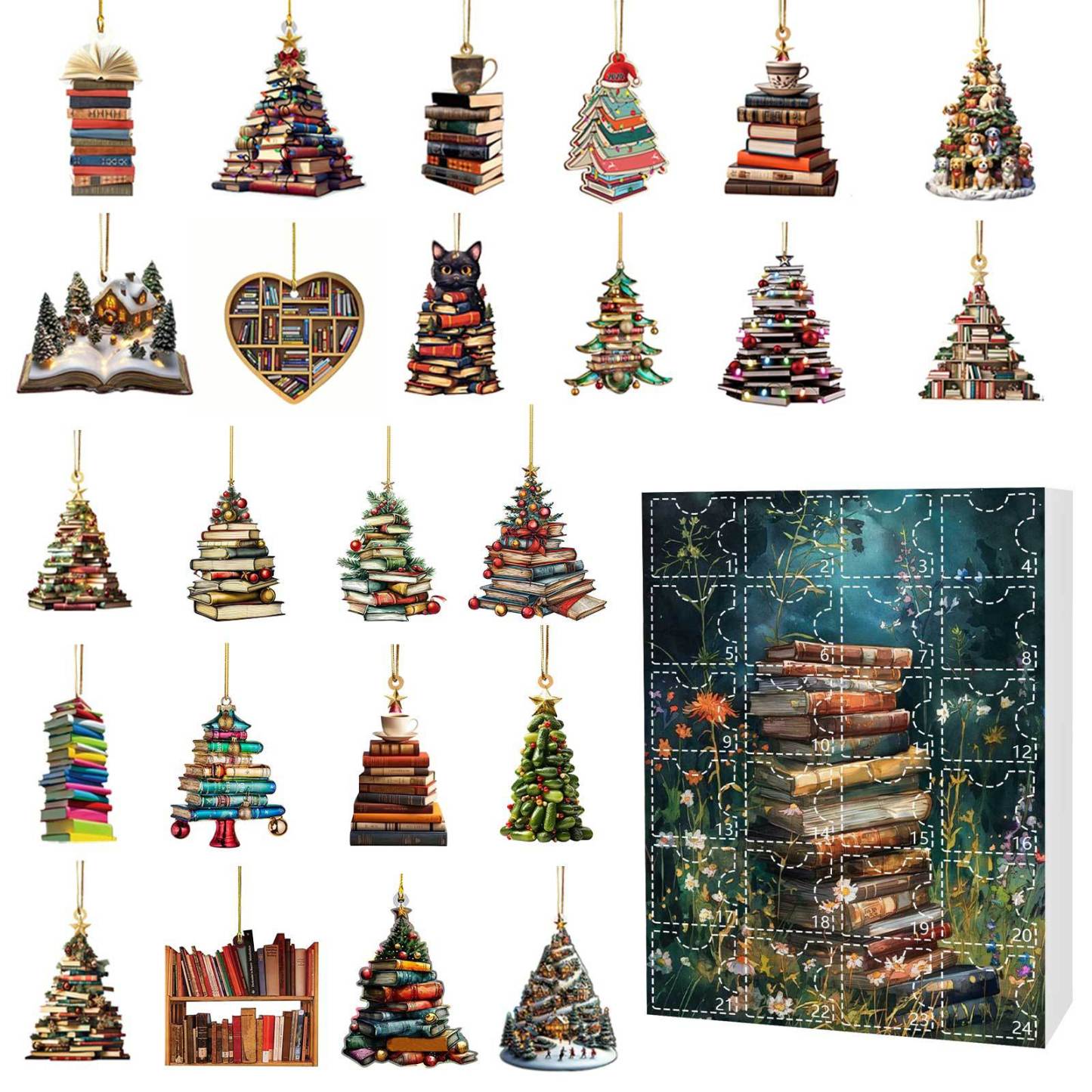 Calendario De Adviento Con Cuenta Atrás Para Navidad, 24 Adornos Navideños Únicos En Acrílico 2d Con Forma De Libro. - mymoonlampes