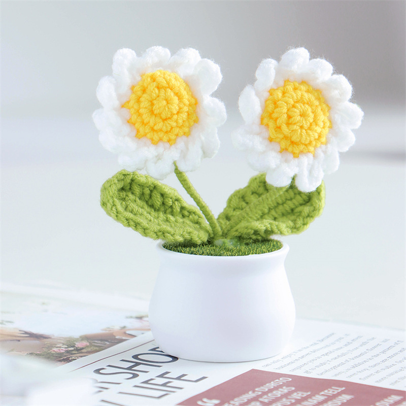 Mini Maceta De Margaritas Tejidas A Crochet, Dulce Regalo Hecho A Mano Para Ella - mymoonlampes