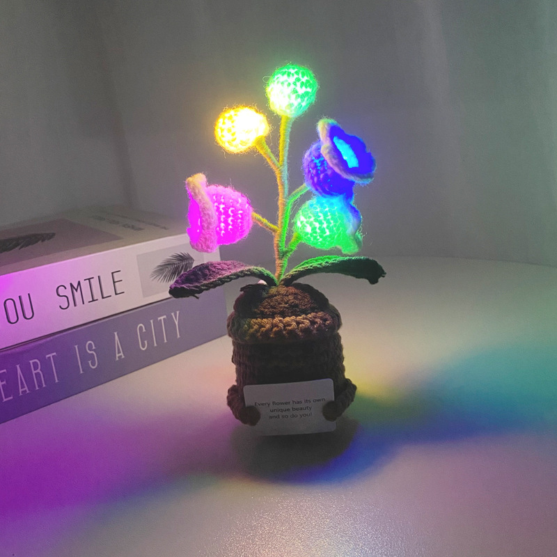 Lirio De Los Valles Tejido A Crochet Con Luz Led: Flor De Punto Luminosa En Maceta Para Decorar El Hogar. - mymoonlampes