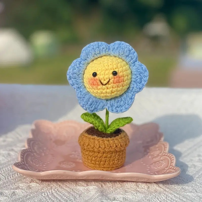 Mini Maceta De Flores Sonrientes Tejidas A Crochet, Decoración De Escritorio Con Colores Pastel Arcoíris - mymoonlampes