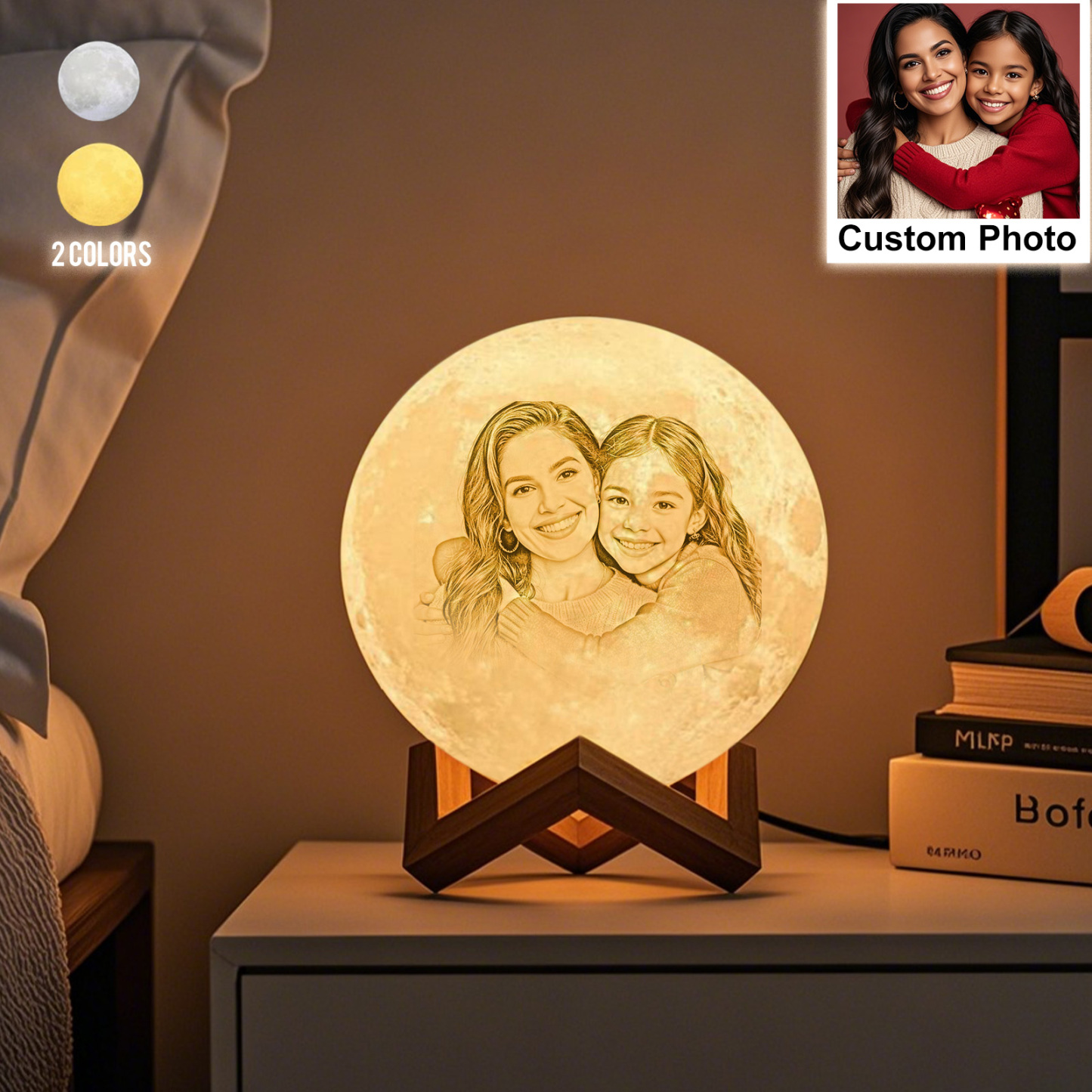Lámpara Luna de Foto Personalizada 3D Impresión, Lámpara Grabada - Toque Dos Colores