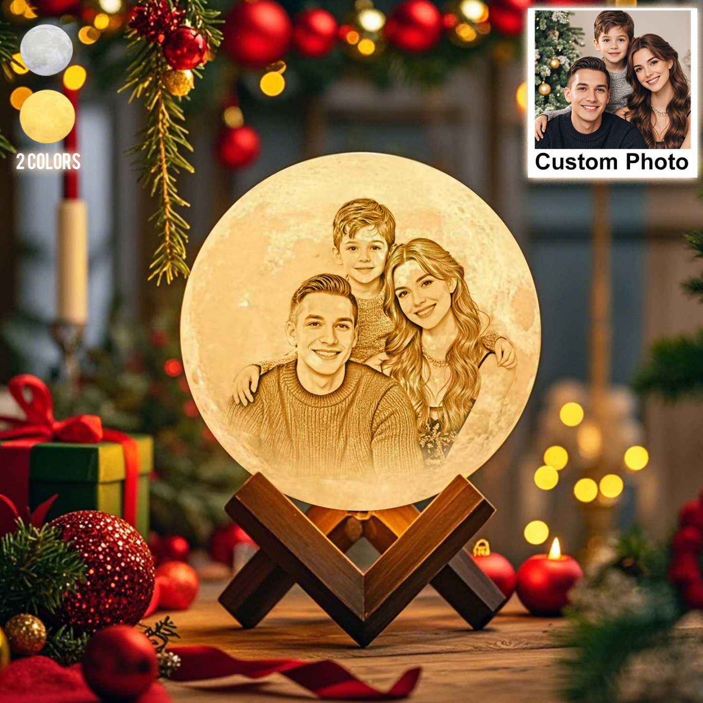 Lámpara Luna de Foto Personalizada 3D Impresión, Lámpara Grabada - Toque Dos Colores