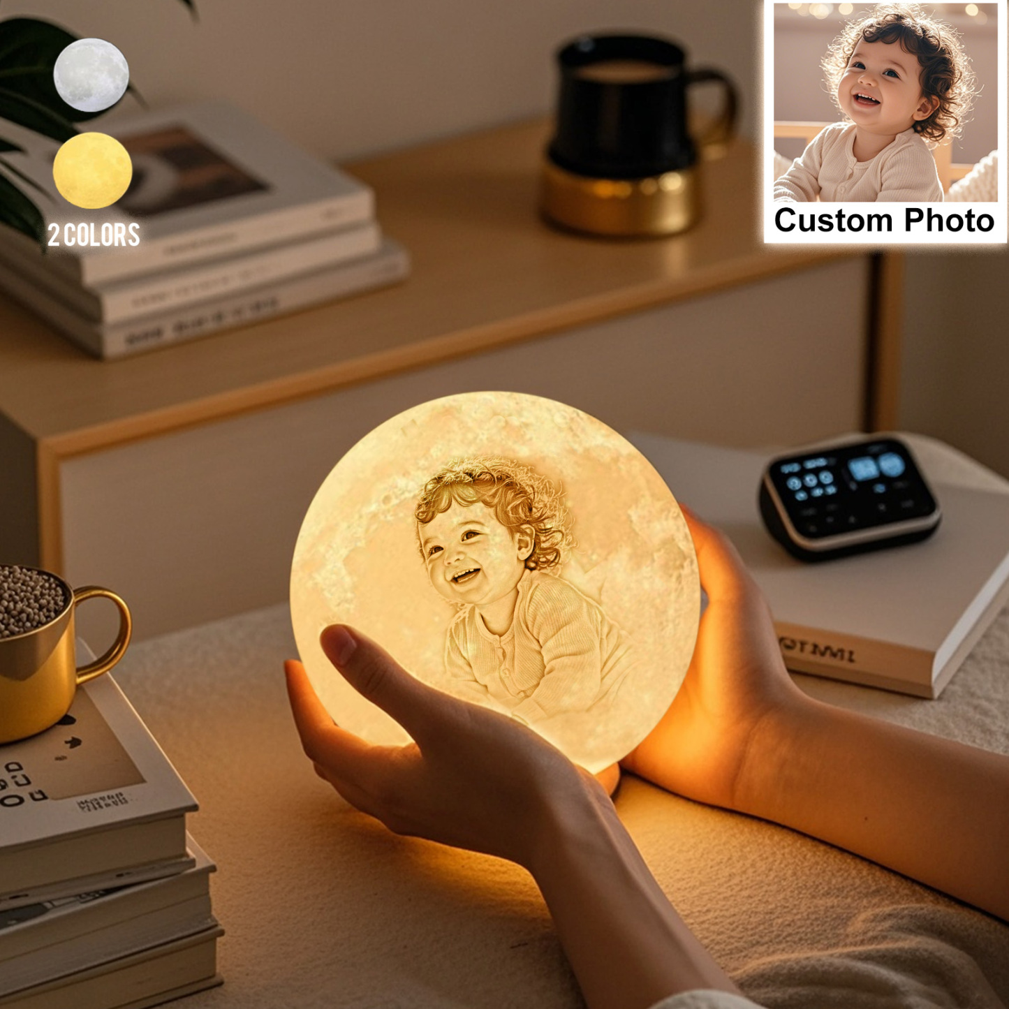 Lámpara Luna de Foto Personalizada 3D Impresión, Lámpara Grabada - Toque Dos Colores