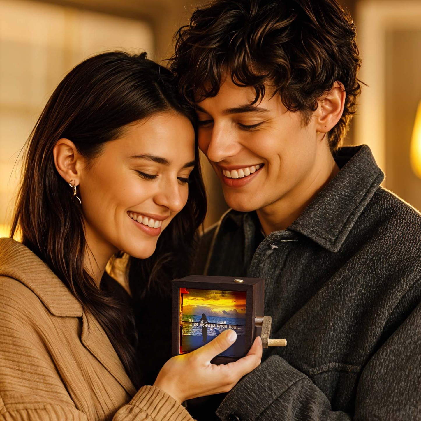 Máquina De Animación De Marcos De Fotos Personalizados Con Flipbook Mecánico Con Manivela, Caja De Flipbook Con Luz De Nogal Negro, Regalo De San Valentín - mymoonlampes