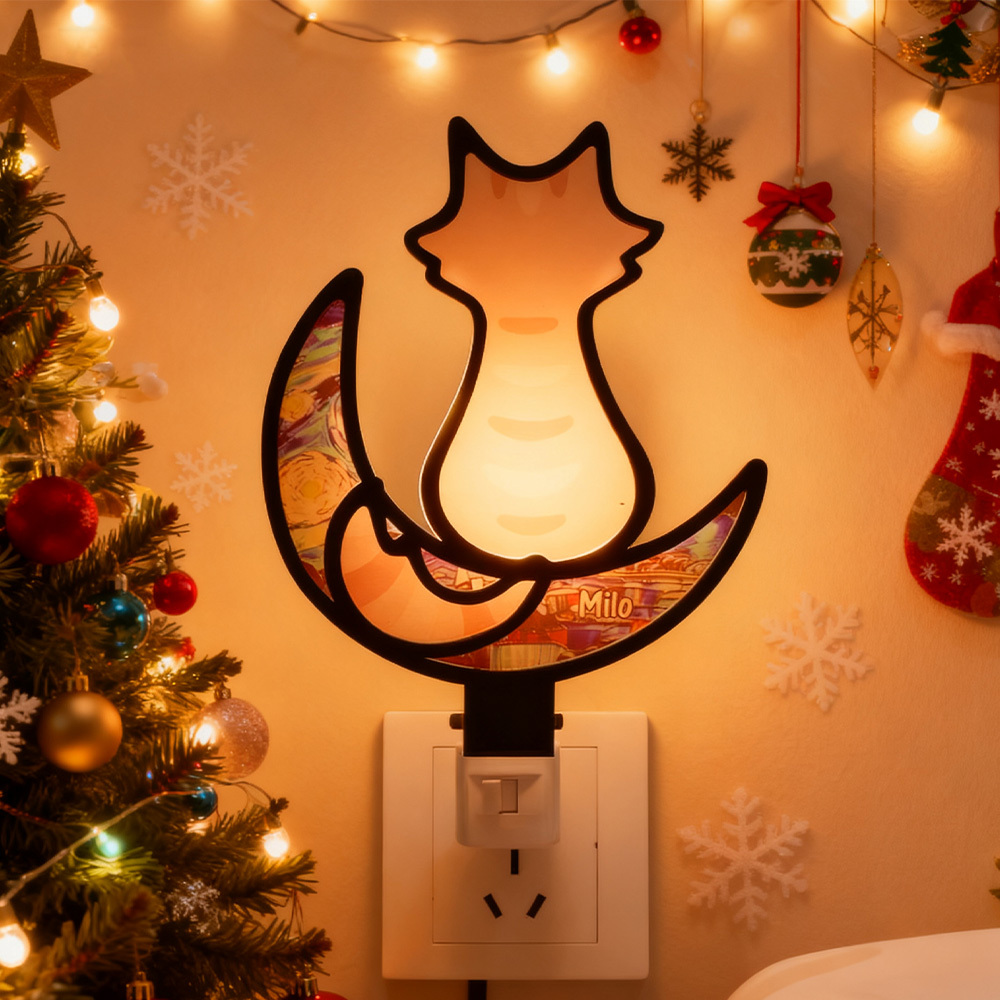 Lámpara De Noche De Gato Acrílica Personalizable Con Fondo De Luna Estrellada - Lámpara De Noche Led Enchufable Para Decoración De Dormitorio - mymoonlampes