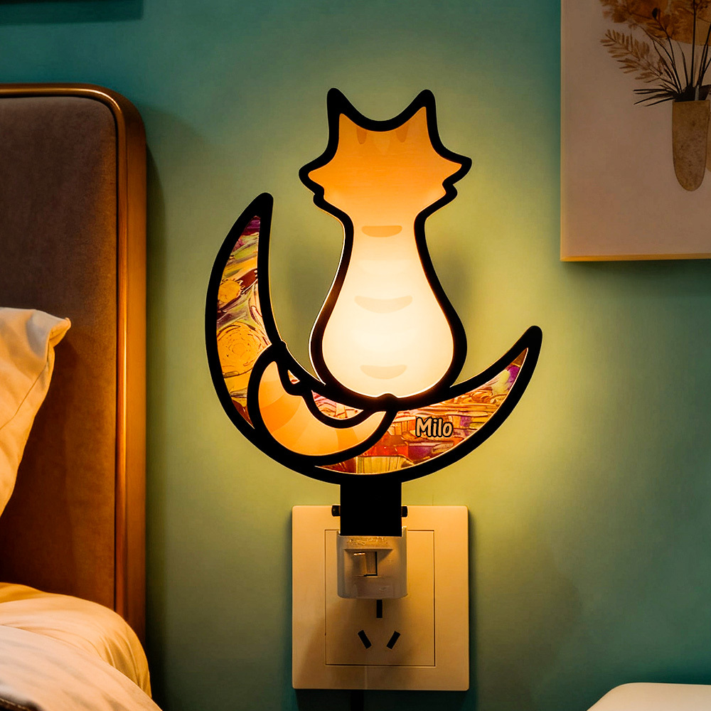 Lámpara De Noche De Gato Acrílica Personalizable Con Fondo De Luna Estrellada - Lámpara De Noche Led Enchufable Para Decoración De Dormitorio - mymoonlampes
