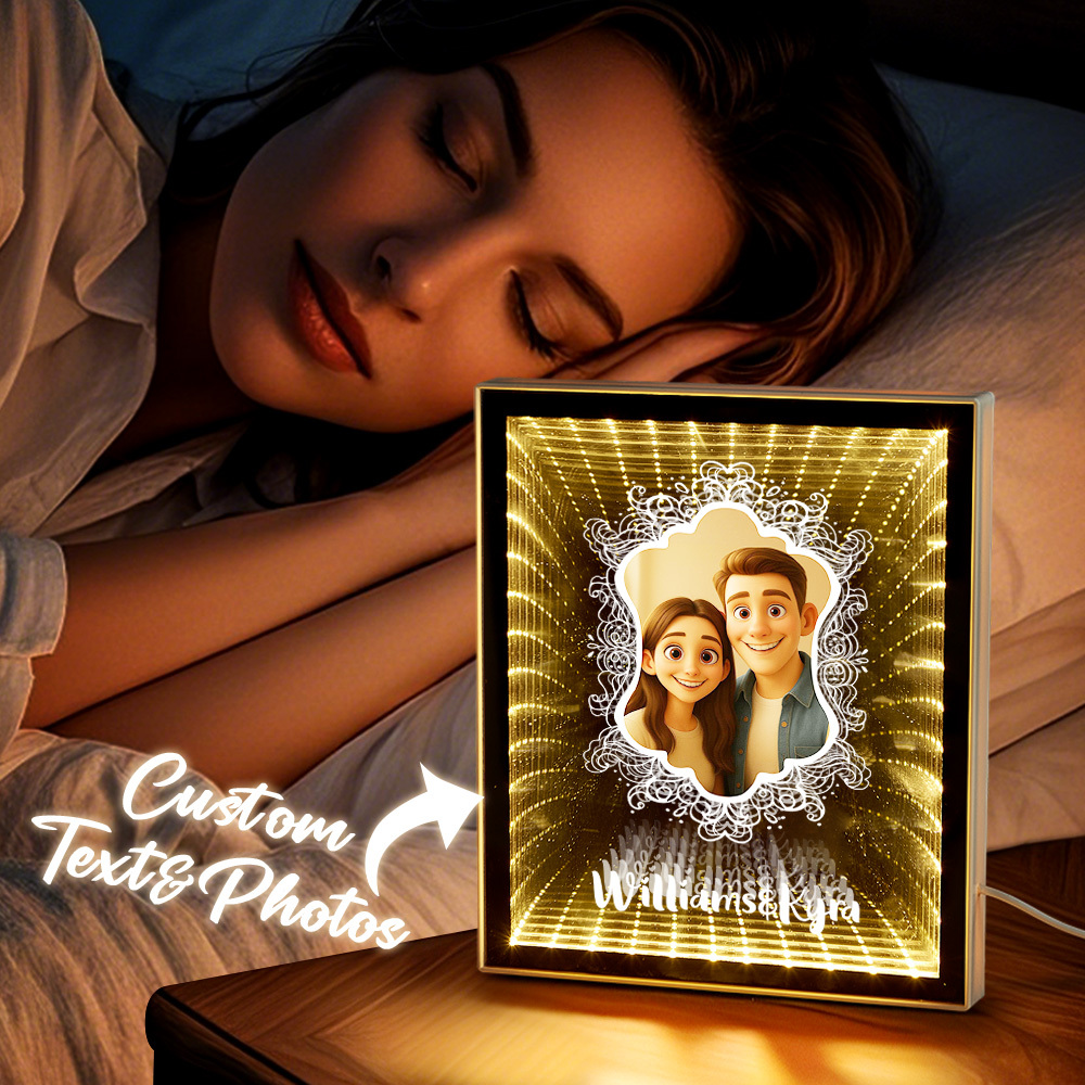 Luz De Espejo De Abismo Fotográfica Estilo Pixar Personalizada, Luz Led De Decoración De Profundidad Infinita Con Retrato De Dibujos Animados Personalizado, Regalo Del Día De San Valentín - mymoonlampes