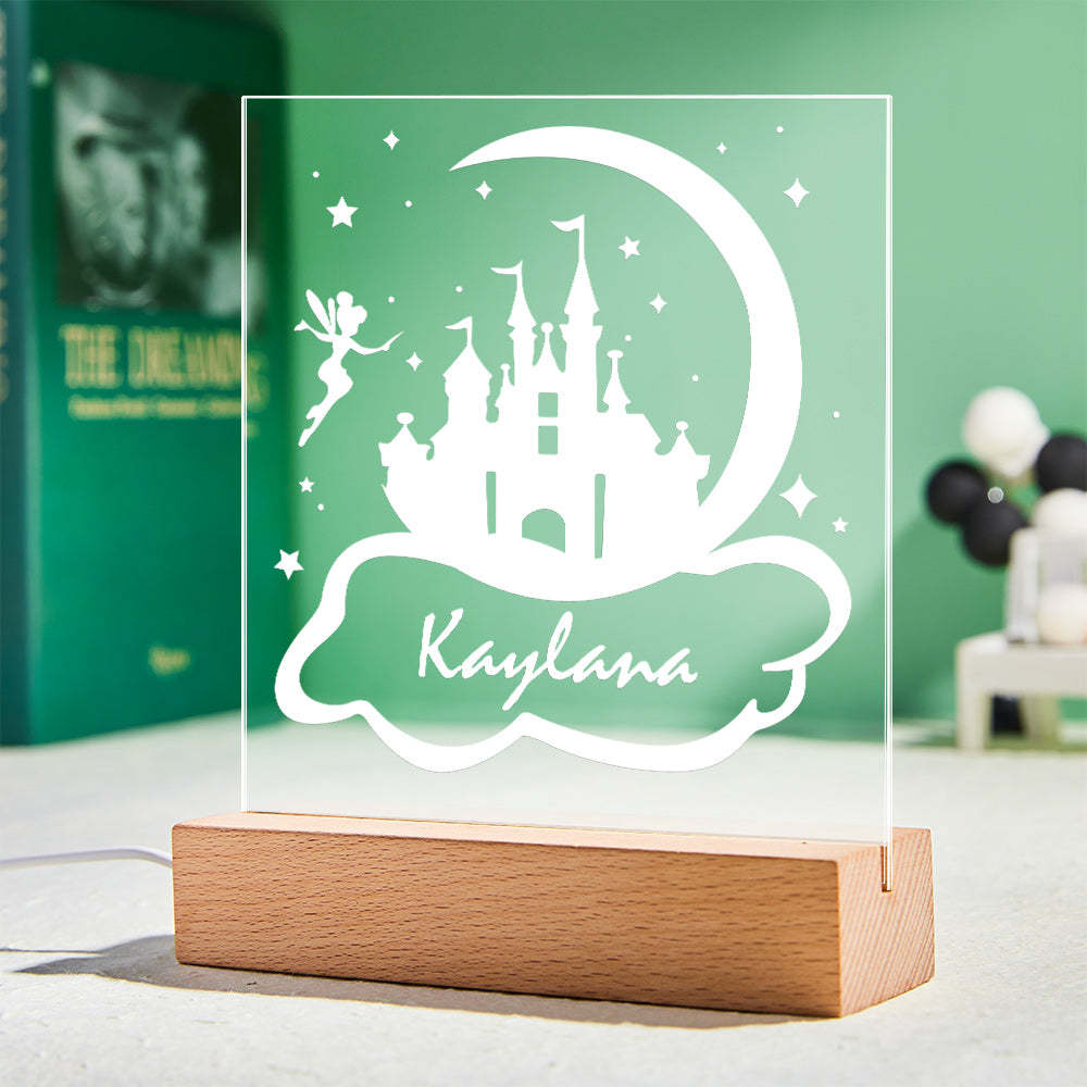 Luz De Noche Led De Castillo De Hadas De Princesa Personalizada Con Lámpara De Niña De Base De Madera Maciza Para Dormitorio - milamparaluna