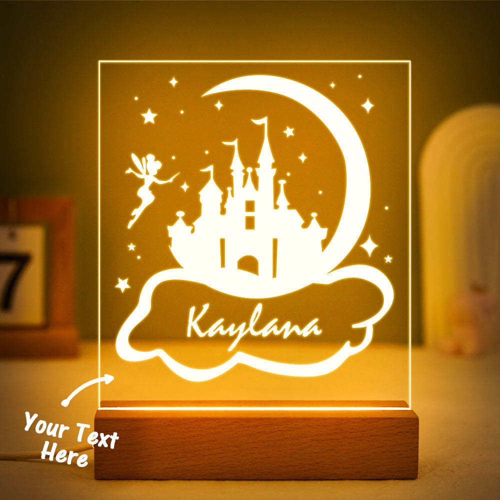 Luz De Noche Led De Castillo De Hadas De Princesa Personalizada Con Lámpara De Niña De Base De Madera Maciza Para Dormitorio - milamparaluna
