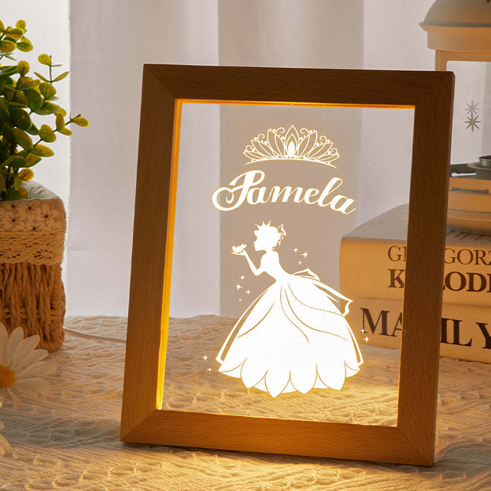 Signo De Nombre De Princesa Personalizado, Marco De Madera Personalizado, Lámpara Led De Noche, Decoración Para Dormitorio Infantil, Sala De Juegos - milamparaluna