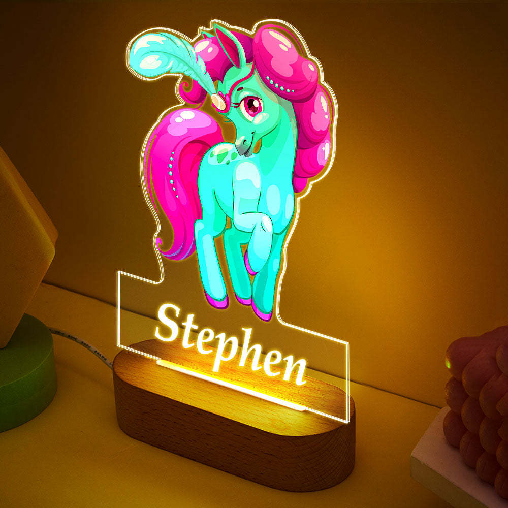 Nombre Personalizado Unicornio Verde Con Luz Led De Pelo Rosa Para Dormitorio De Niña - milamparaluna