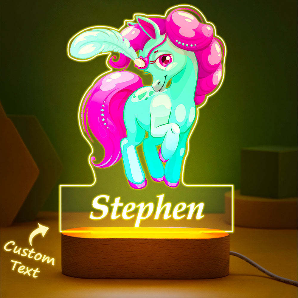 Nombre Personalizado Unicornio Verde Con Luz Led De Pelo Rosa Para Dormitorio De Niña - milamparaluna