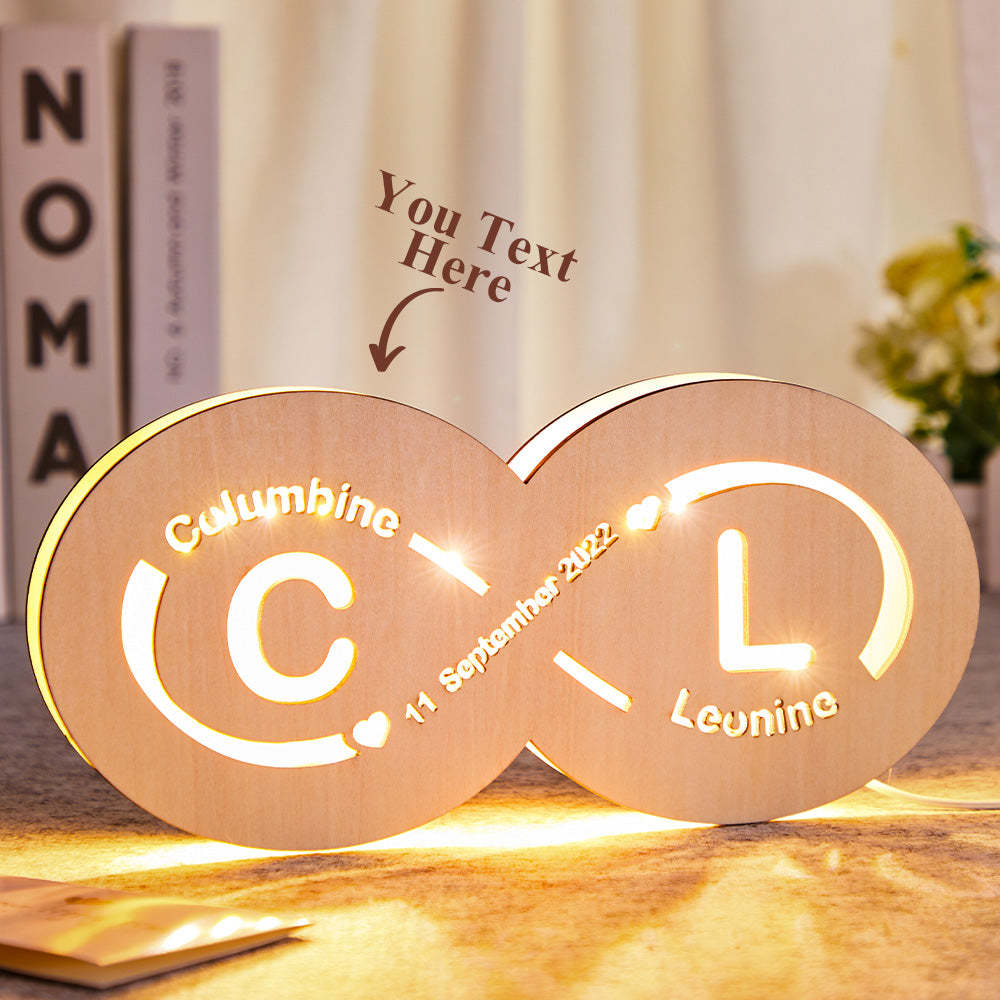 Nombre Personalizado Y Fecha Infinity Love Sign Night Light Con Iniciales Lámpara De Madera Para Amantes - milamparaluna