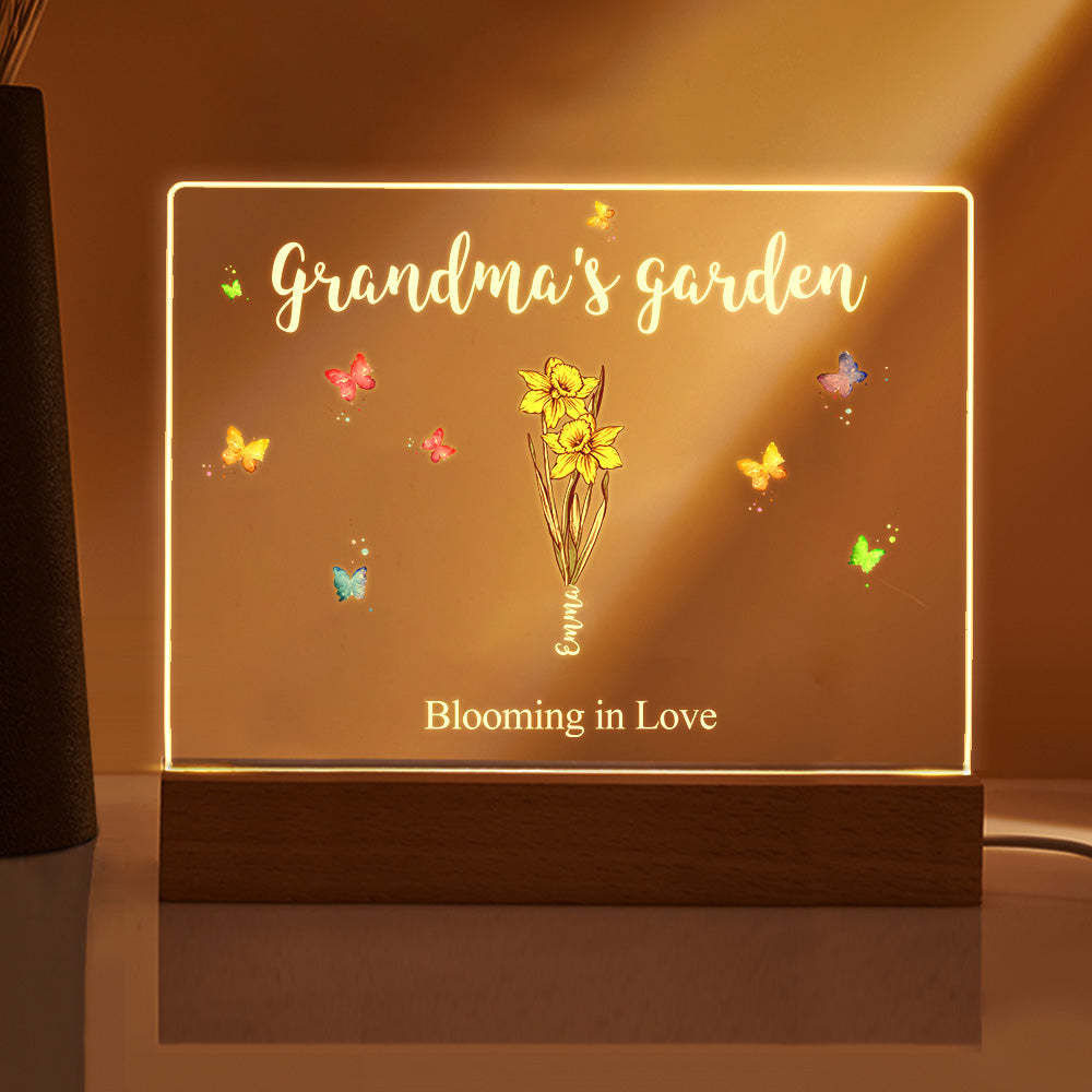 Lámpara De Noche Acrílica Con Flores De Nacimiento Personalizadas Para El Jardín De La Abuela, Regalo Para Mamá Y Abuela. - mymoonlampes