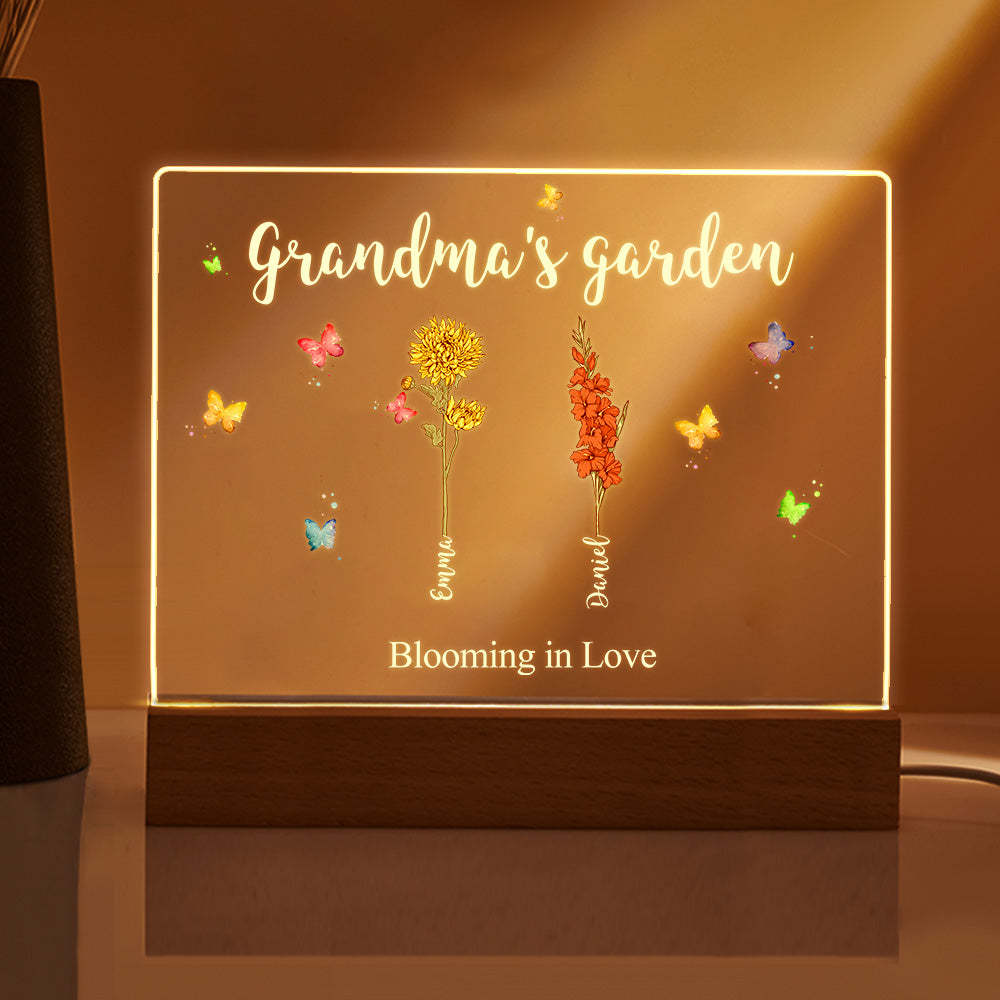 Lámpara De Noche Acrílica Con Flores De Nacimiento Personalizadas Para El Jardín De La Abuela, Regalo Para Mamá Y Abuela. - mymoonlampes
