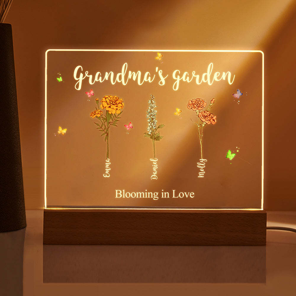 Lámpara De Noche Acrílica Con Flores De Nacimiento Personalizadas Para El Jardín De La Abuela, Regalo Para Mamá Y Abuela. - mymoonlampes