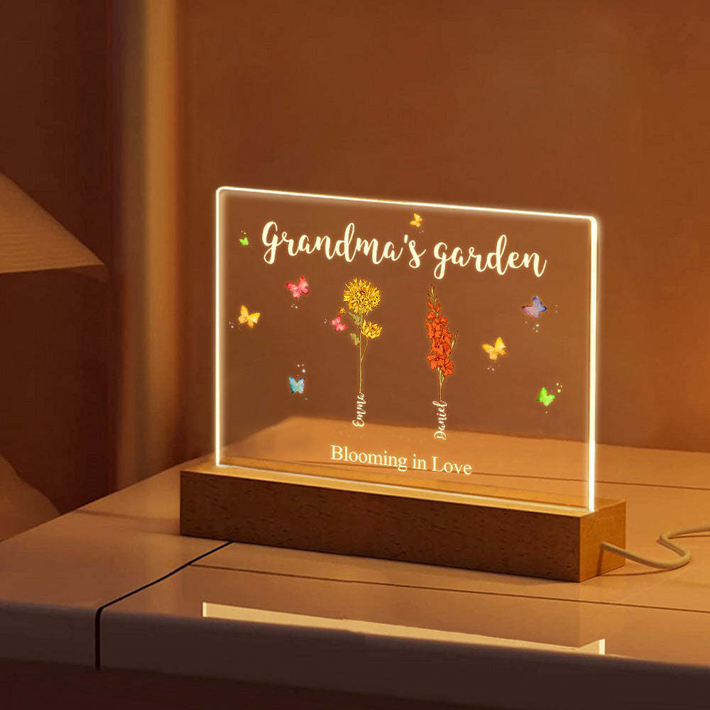 Lámpara De Noche Acrílica Con Flores De Nacimiento Personalizadas Para El Jardín De La Abuela, Regalo Para Mamá Y Abuela. - mymoonlampes