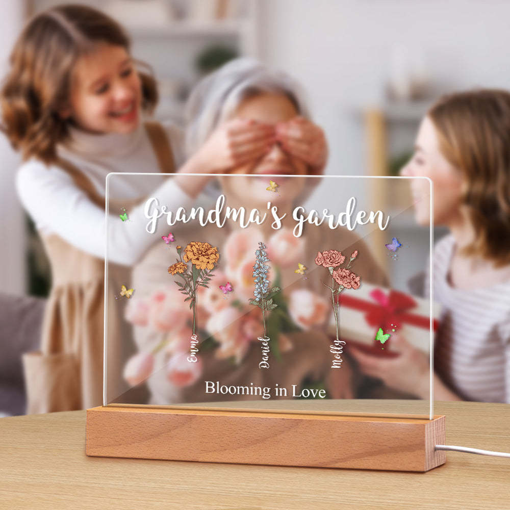 Lámpara De Noche Acrílica Con Flores De Nacimiento Personalizadas Para El Jardín De La Abuela, Regalo Para Mamá Y Abuela. - mymoonlampes