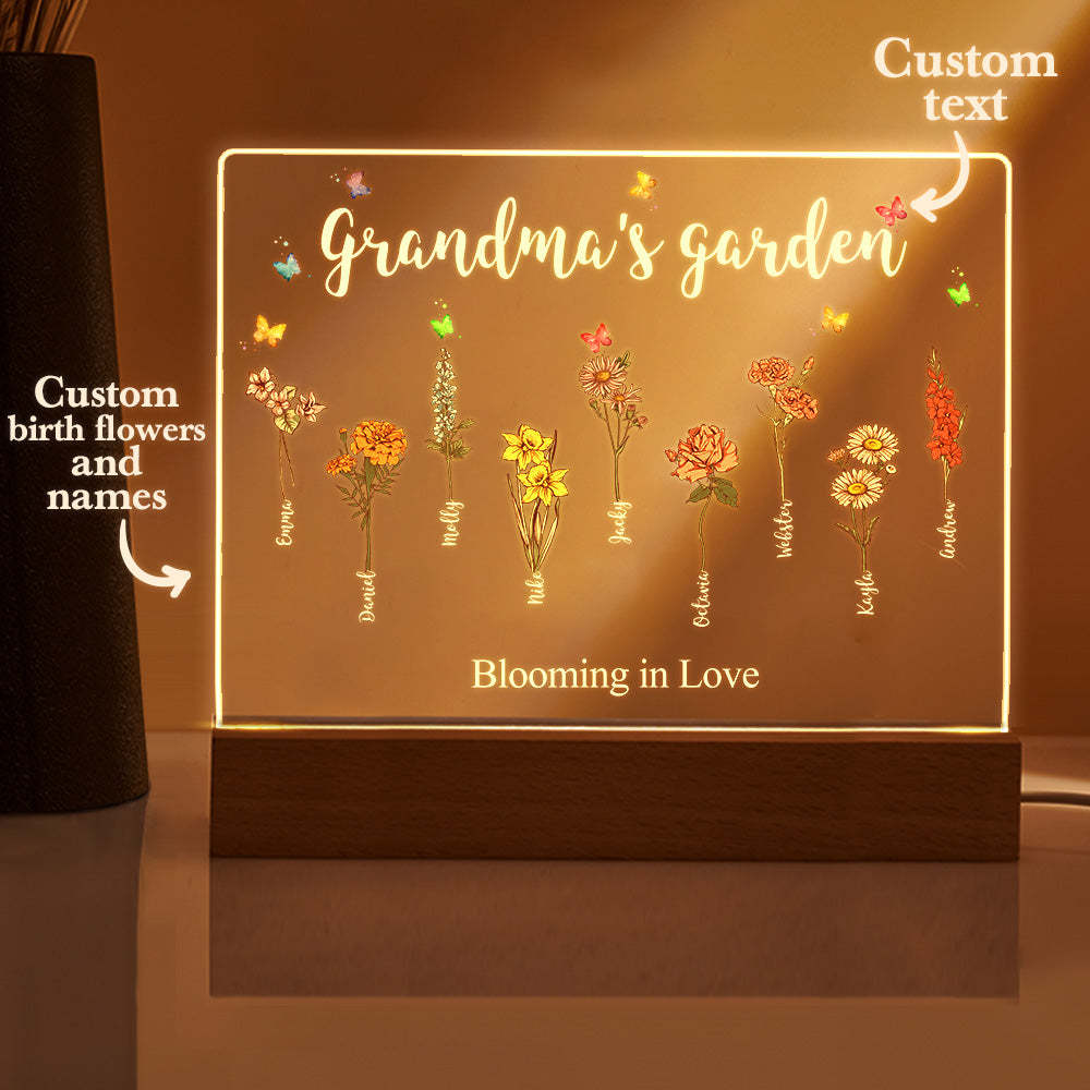 Lámpara De Noche Acrílica Con Flores De Nacimiento Personalizadas Para El Jardín De La Abuela, Regalo Para Mamá Y Abuela. - mymoonlampes