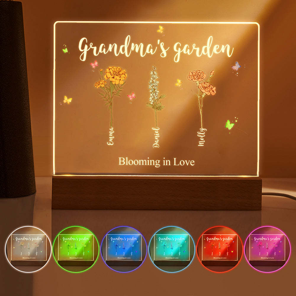 Lámpara De Noche Acrílica Con Flores De Nacimiento Personalizadas Para El Jardín De La Abuela, Regalo Para Mamá Y Abuela. - mymoonlampes