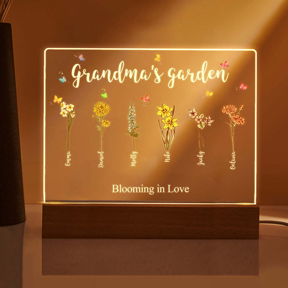 Lámpara De Noche Acrílica Con Flores De Nacimiento Personalizadas Para El Jardín De La Abuela, Regalo Para Mamá Y Abuela. - mymoonlampes
