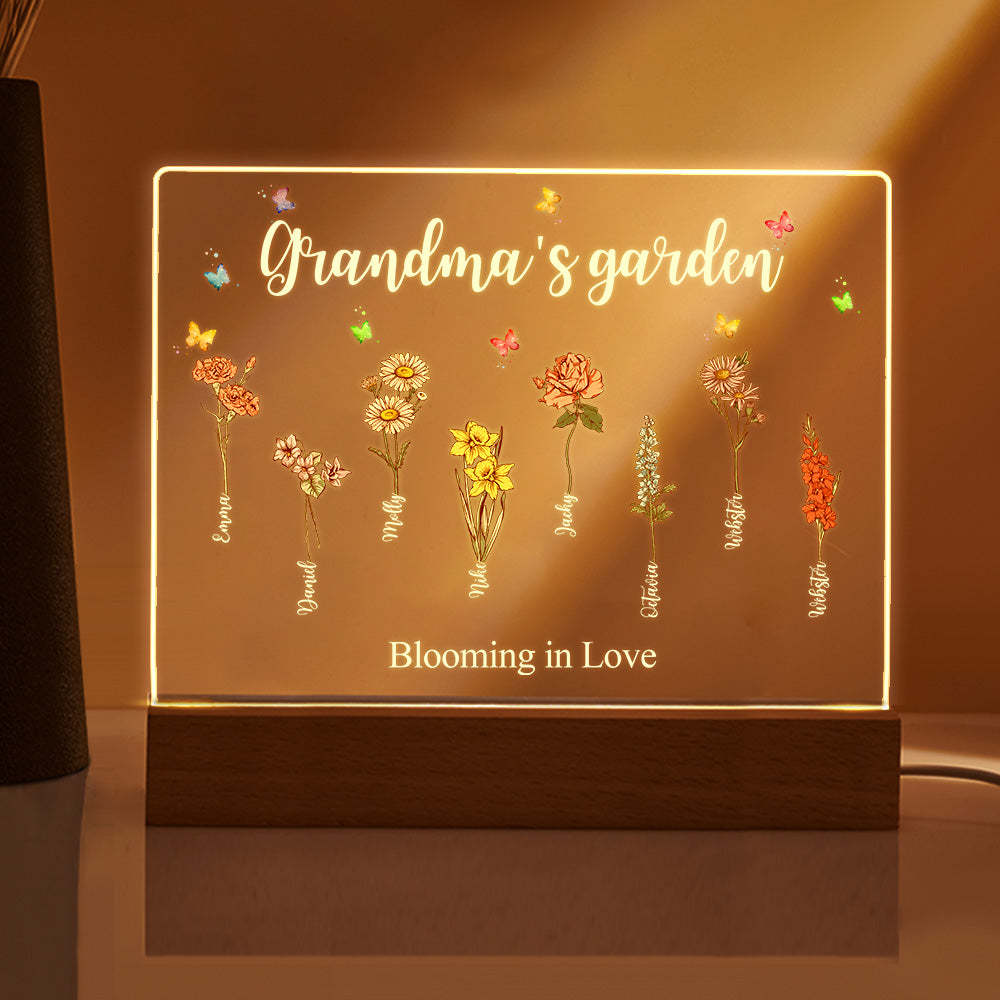 Lámpara De Noche Acrílica Con Flores De Nacimiento Personalizadas Para El Jardín De La Abuela, Regalo Para Mamá Y Abuela. - mymoonlampes
