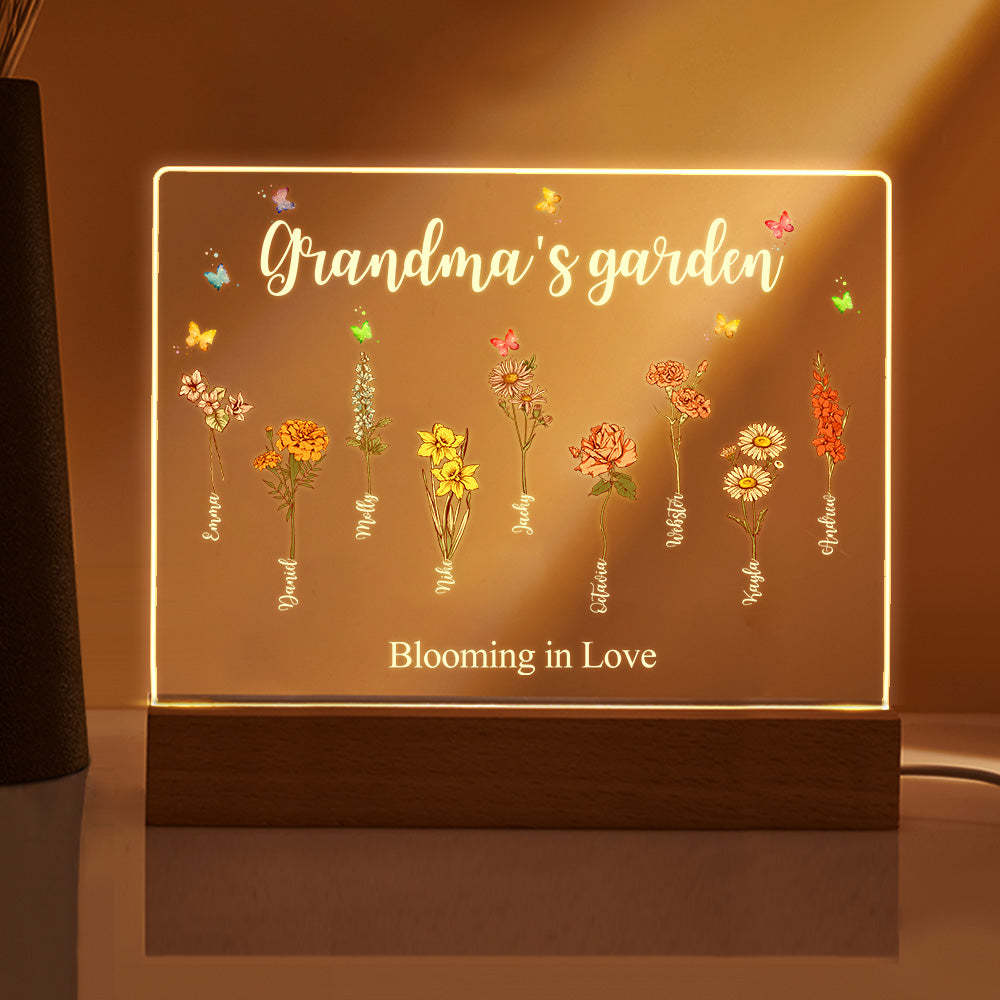 Lámpara De Noche Acrílica Con Flores De Nacimiento Personalizadas Para El Jardín De La Abuela, Regalo Para Mamá Y Abuela. - mymoonlampes