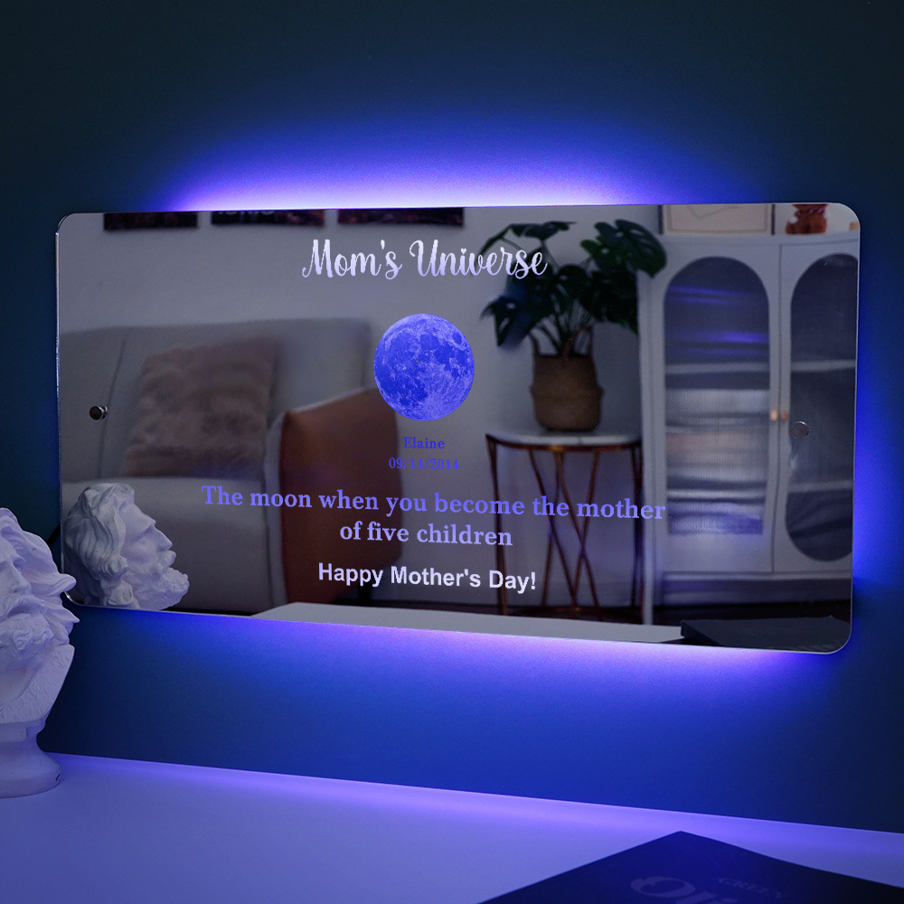 Marco De Espejo Con Luz Led Personalizado Mom's Universe Con Texto Y Fecha, Regalo Para El Día De La Madre. - mymoonlampes