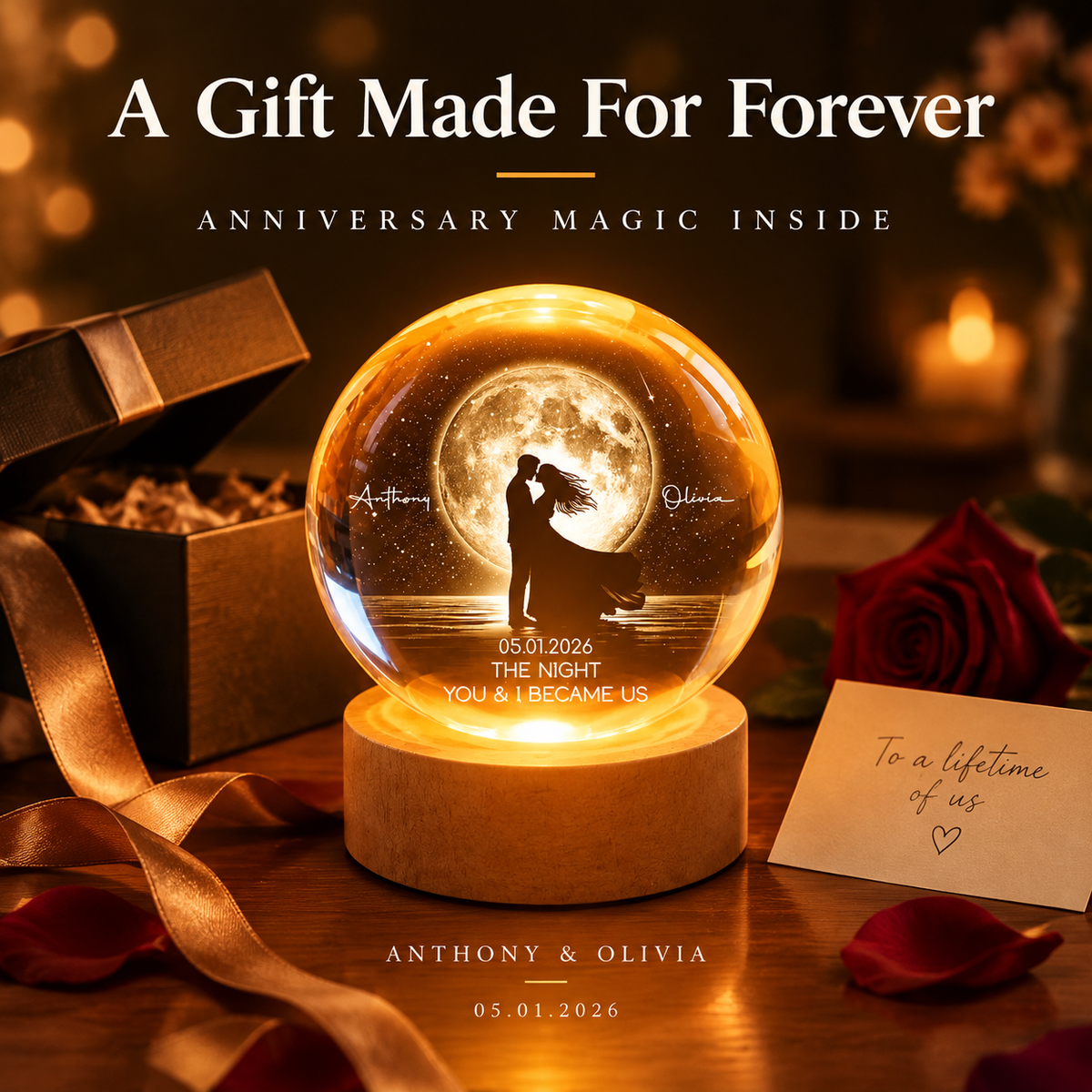 Pareja En Fase Lunar Besándose Bajo La Luz De La Luna – Luz Nocturna LED Con Bola De Cristal Personalizada – Regalo De Recuerdo Romántico Para Esposo, Esposa Y Parejas - mymoonlampes