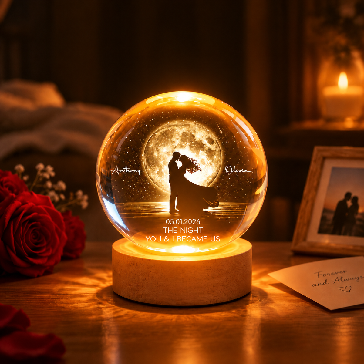 Pareja En Fase Lunar Besándose Bajo La Luz De La Luna – Luz Nocturna LED Con Bola De Cristal Personalizada – Regalo De Recuerdo Romántico Para Esposo, Esposa Y Parejas
