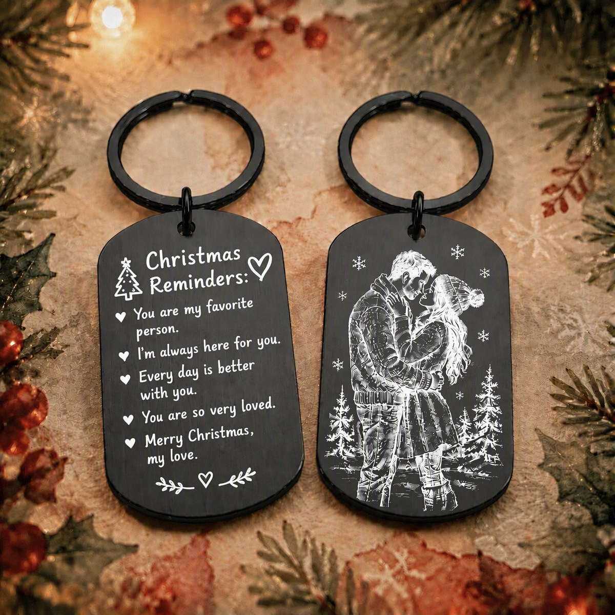 Llavero Navideño Personalizado Para Parejas Con Mensaje Y Foto Grabados, De Acero Inoxidable. - mymoonlampes