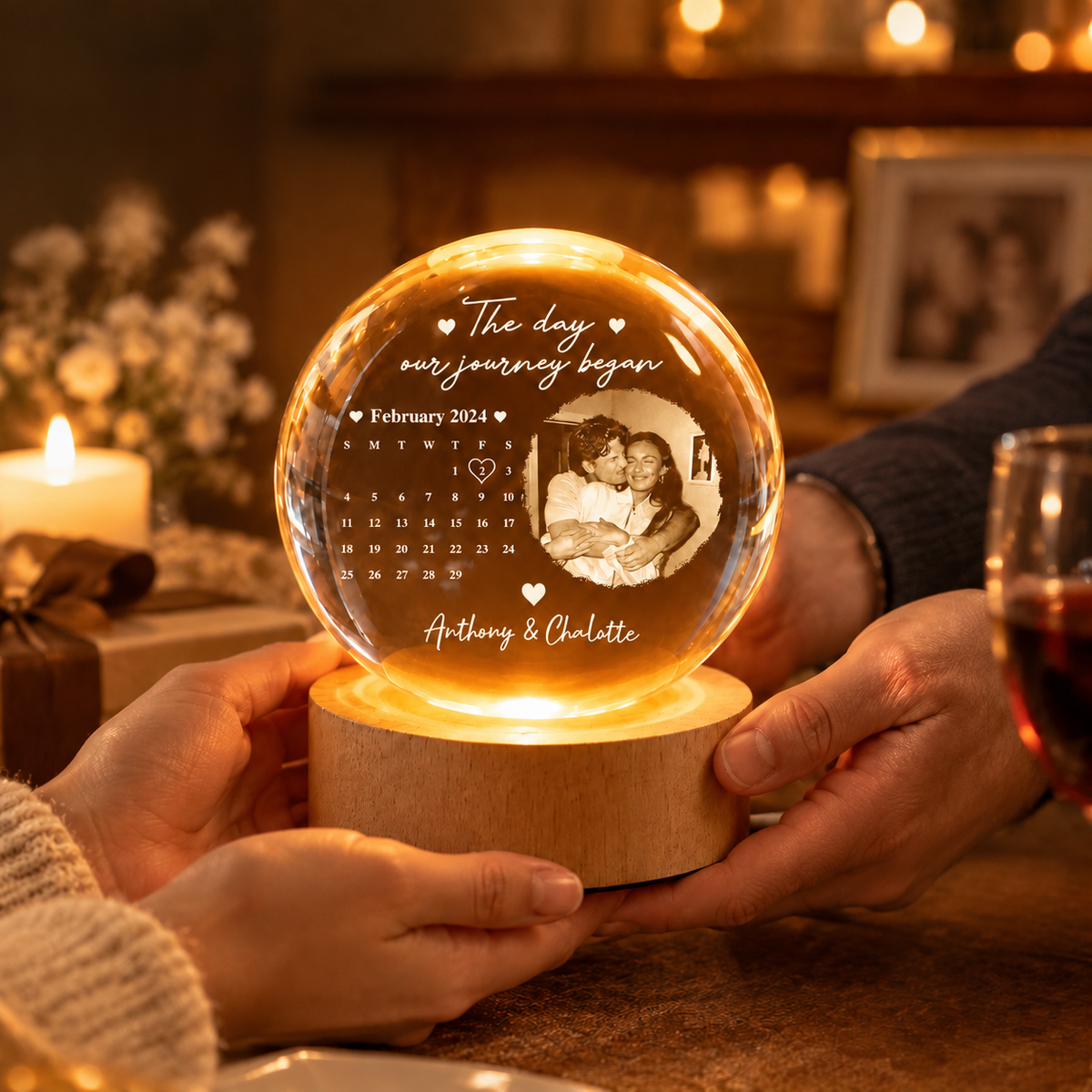 Foto Personalizada Nuestro Viaje Comenzó Calendario Luz Nocturna - Luz Nocturna LED Con Bola De Cristal Personalizada - Dulce Amor Para Pareja, Esposa, Esposo