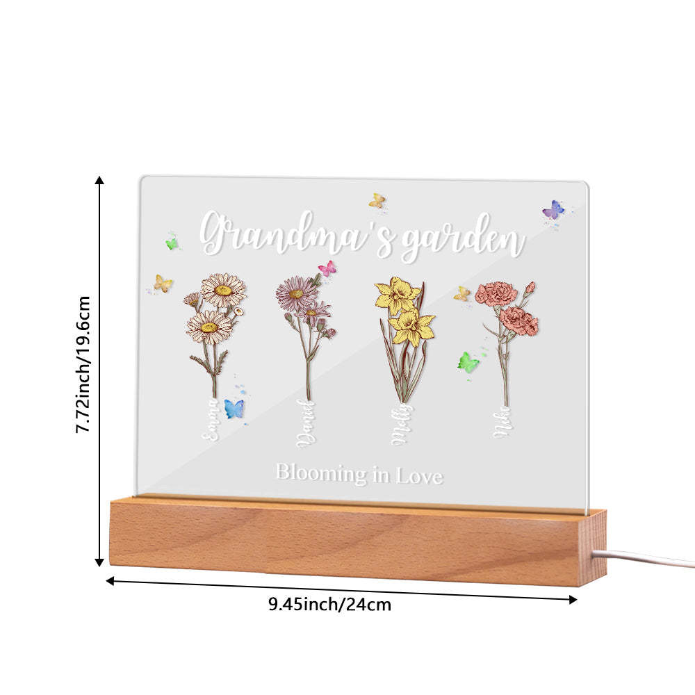 Lámpara De Noche Acrílica Con Flores De Nacimiento Personalizadas Para El Jardín De La Abuela, Regalo Para Mamá Y Abuela. - mymoonlampes