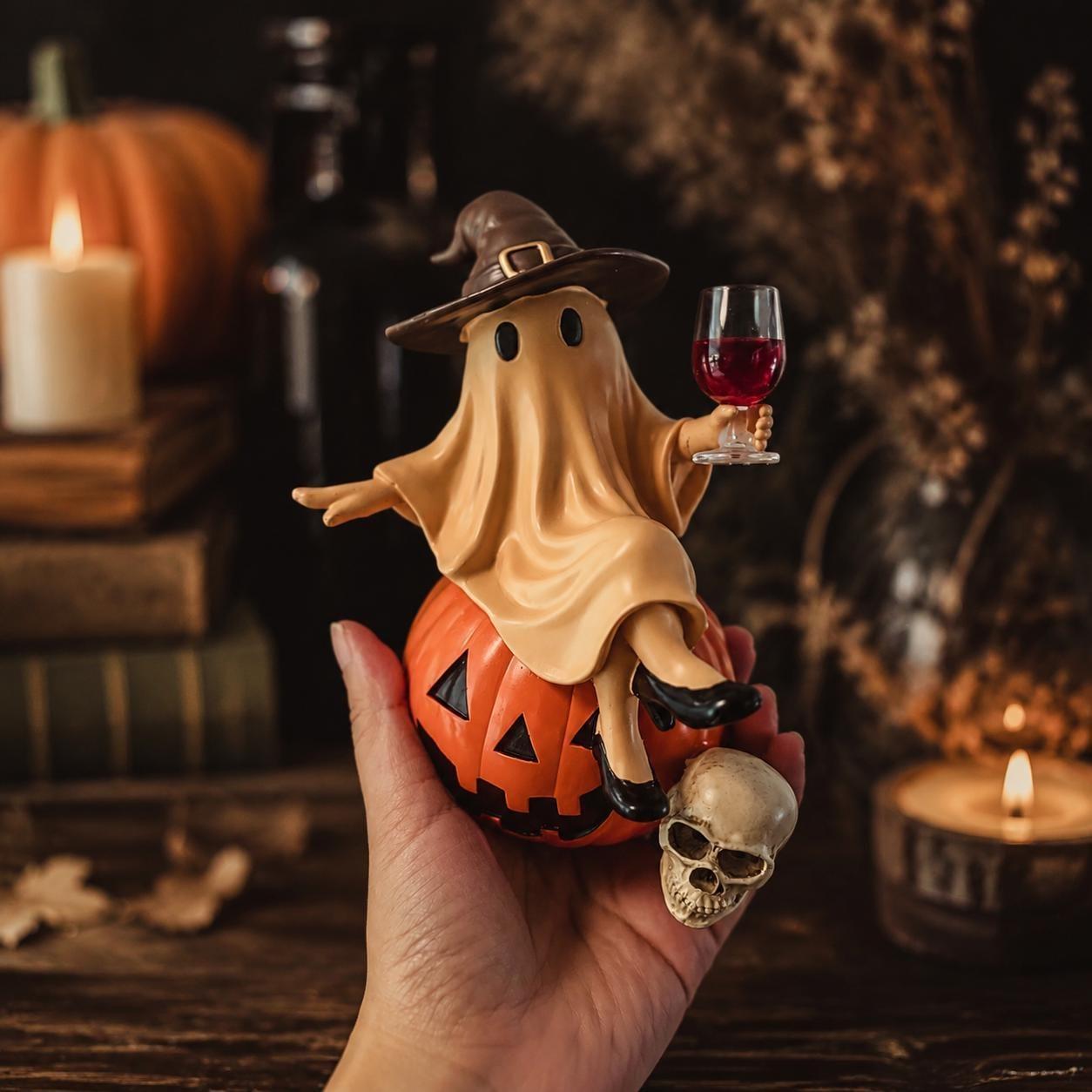 Estatua De Fantasma De Halloween Con Copa De Vino: Decoración Espeluznante Para El Hogar, Fiestas Y Regalos. - mymoonlampes