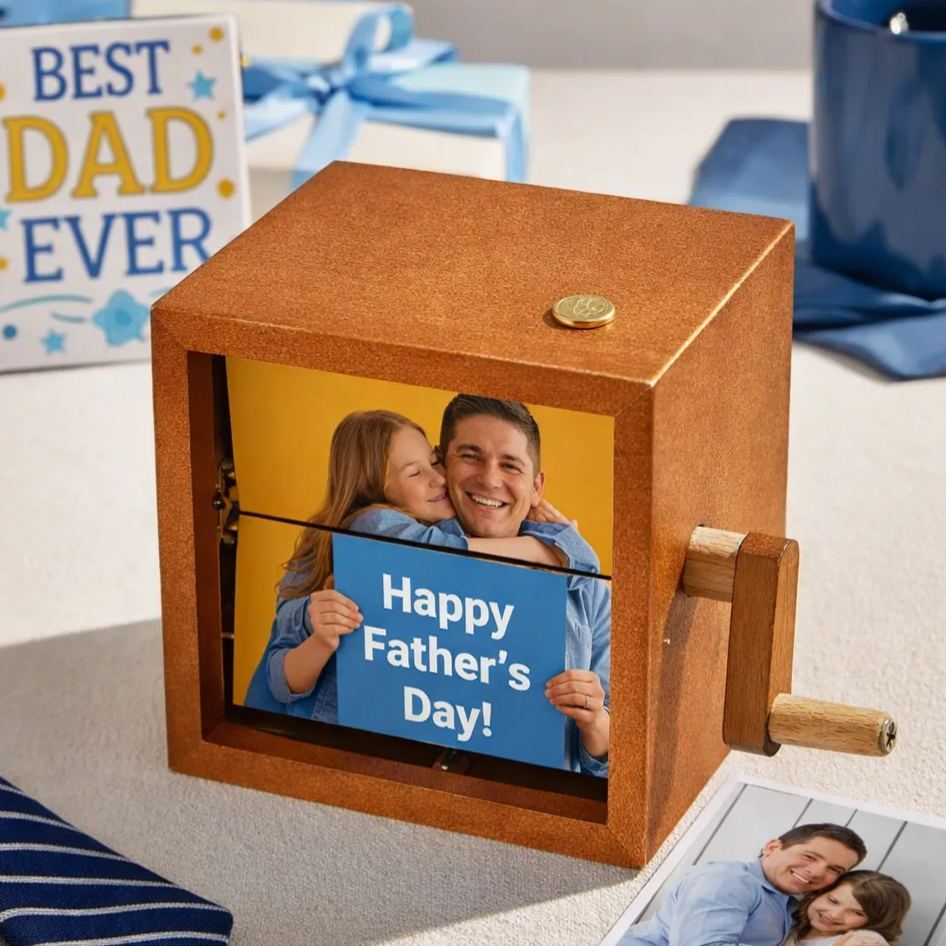 Caja De Libro Plegable Con Manivela Personalizada, Máquina De Animación, Álbum De Fotos Mecánico Con Manivela Y Marco De Cubo De Fotos Para Bebé De Nogal Negro Claro, Regalo Para El Día Del Padre