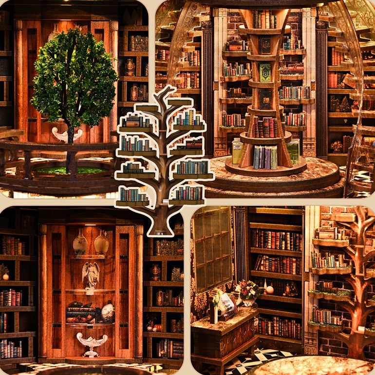 Kit De Rompecabezas 3d De Biblioteca De Madera 'anillos De La Sabiduría' Para Armar: Maqueta De Librería Redonda En Miniatura Con Iluminación Led, Regalo Creativo Hecho A Mano (a Pilas) - mymoonlampes