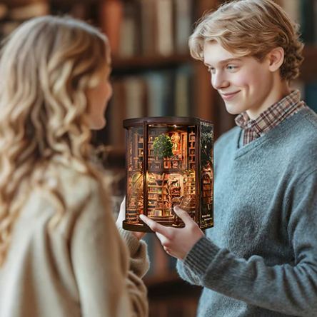 Kit De Rompecabezas 3d De Biblioteca De Madera 'anillos De La Sabiduría' Para Armar: Maqueta De Librería Redonda En Miniatura Con Iluminación Led, Regalo Creativo Hecho A Mano (a Pilas) - mymoonlampes