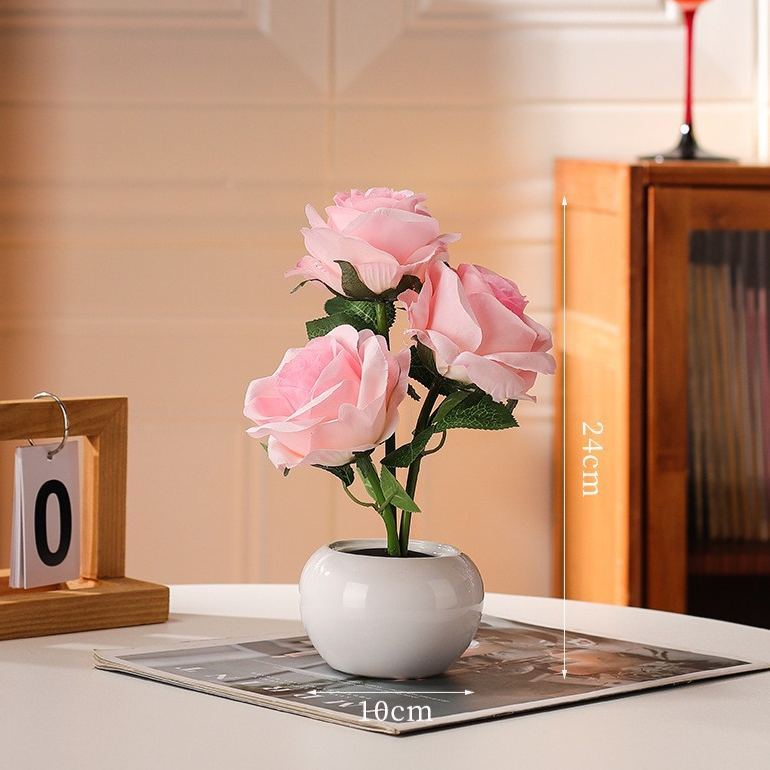 Lámpara De Mesa Con Forma De Rosa Artificial De Pu Con Luz Ambiental Y Maceta De Cerámica, Luz Nocturna Decorativa Romántica Para El Escritorio Del Dormitorio. - mymoonlampes