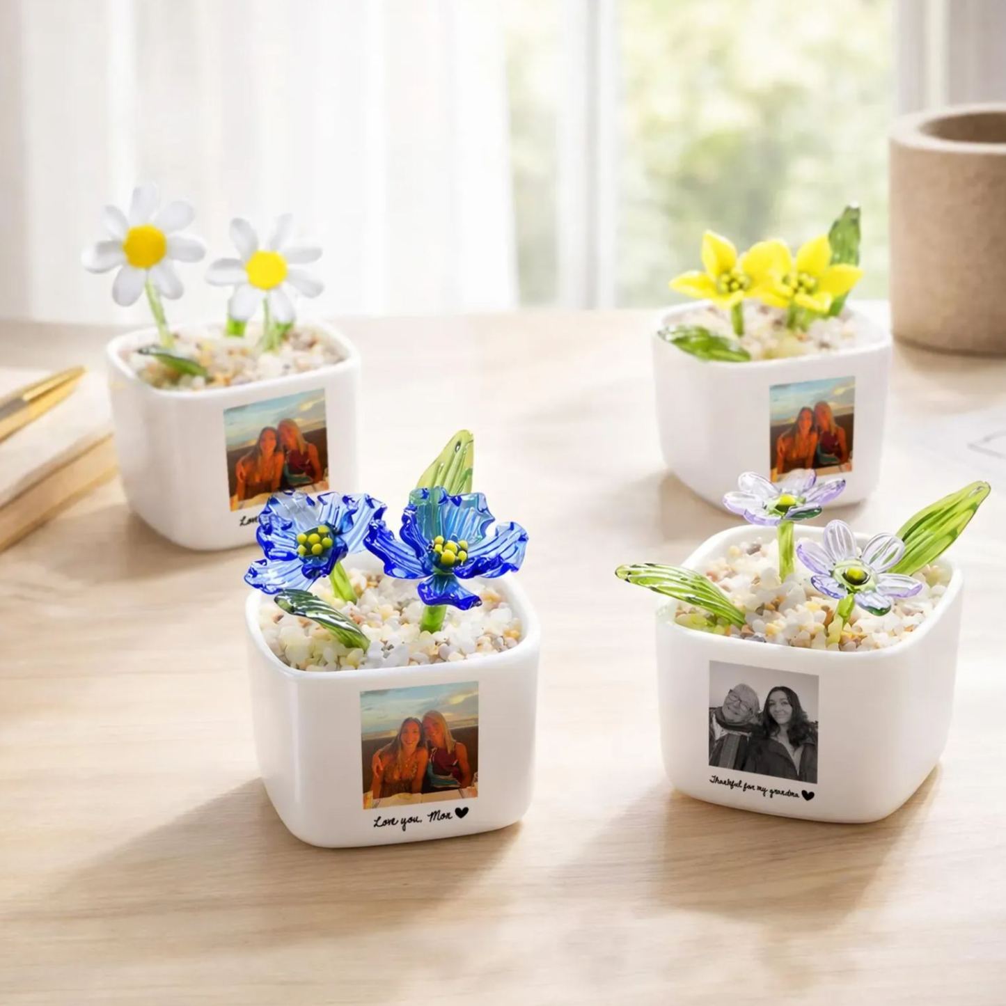 Maceta De Cristal Personalizada Con Foto De Mamá, Regalo Para Mamá, Regalo Del Día De La Madre, Maceta De Flores Sopladas A Mano, Tulipanes Eternos. - mymoonlampes