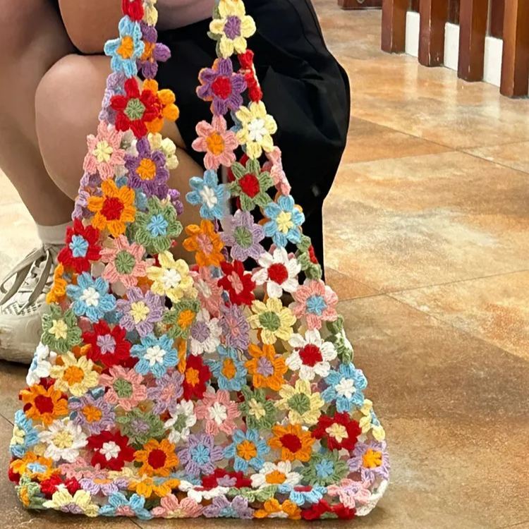 Kit Para Bolso De Hombro De Ganchillo Diy Con Flores – Bolso De Mano Floral Tejido A Mano Estilo Abuela, Conjunto De Materiales Para Manualidades Con Hilo, Regalo Bohemio Para Ella. - mymoonlampes
