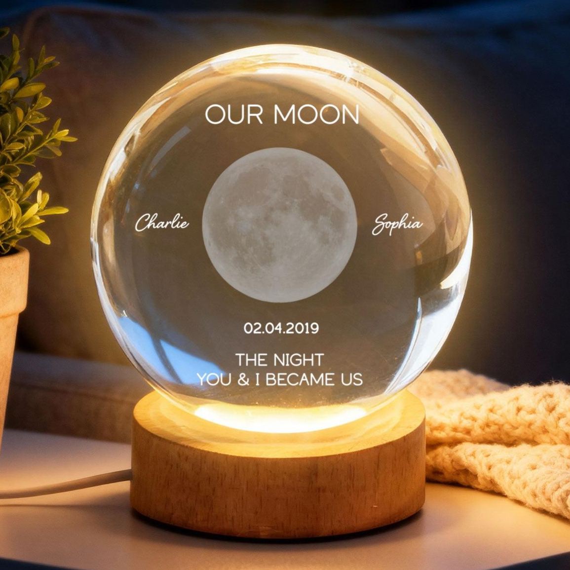 Lámpara De Noche Personalizada Con Bola De Cristal Con Fases Lunares - Regalo Personalizado Con Fecha Para Mamá Y Para Ella - Recuerdo Único Para El Día De La Madre, Aniversario O Cumpleaños