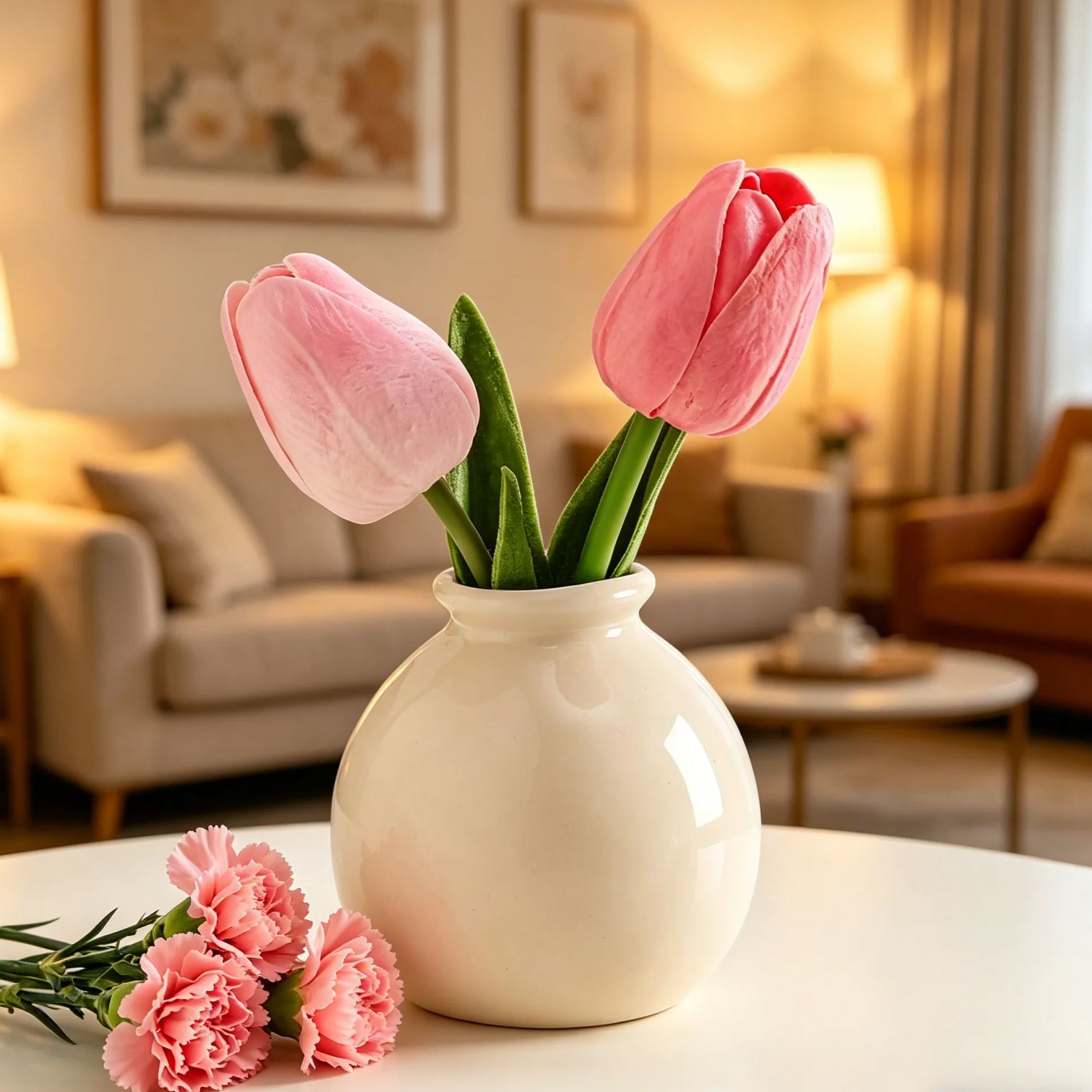 Mini Jarrón De Cerámica Color Crema Con Tulipanes – Decoración Minimalista Y Estética Para El Hogar, Bonito Arreglo Floral Pequeño Para Escritorio, Estante O Regalo.