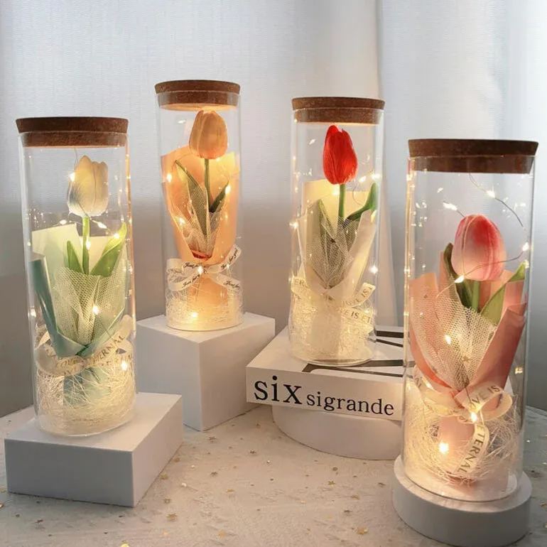 Lámpara De Noche Con Forma De Ramo De Tulipanes En Botella De Cristal. Regalo Romántico Para El Día De La Madre. - mymoonlampes