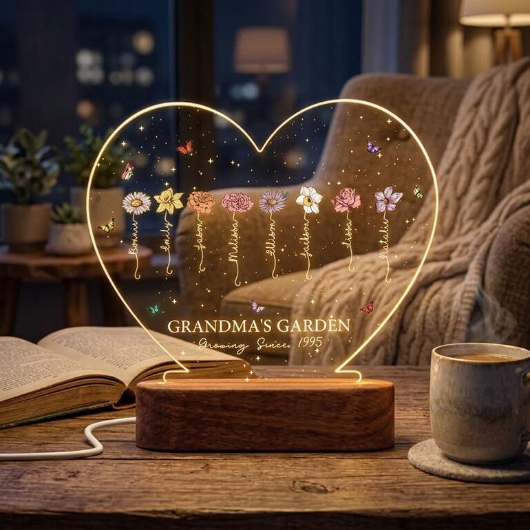 Un Amor Que Crece Desde El Jardín De La Abuela: Luz Nocturna Led Personalizada Con Flores De Nacimiento, Regalo Para El Día De La Madre O Cumpleaños. - mymoonlampes